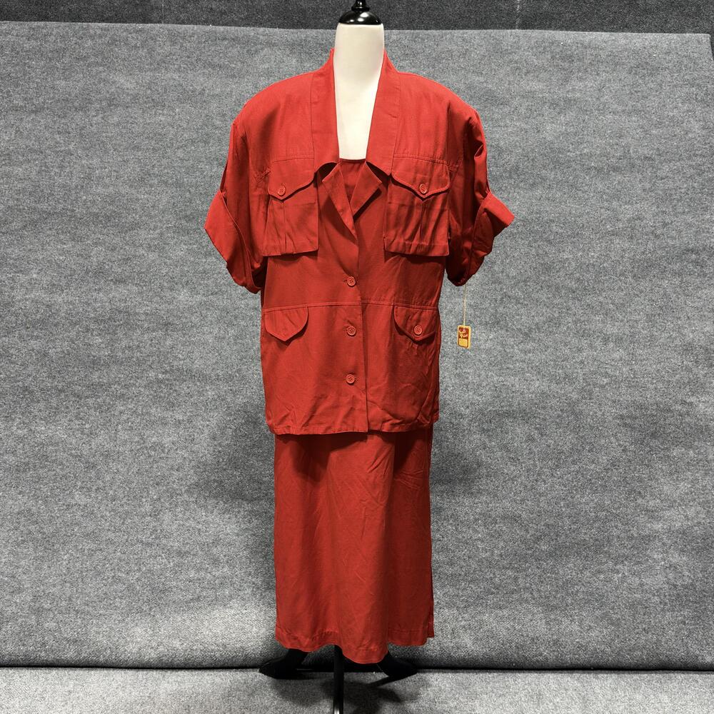 Vintage Oleg Cassini Dress Set Womens 10 Red 100% Silk Jacket Maxi Slip 90s